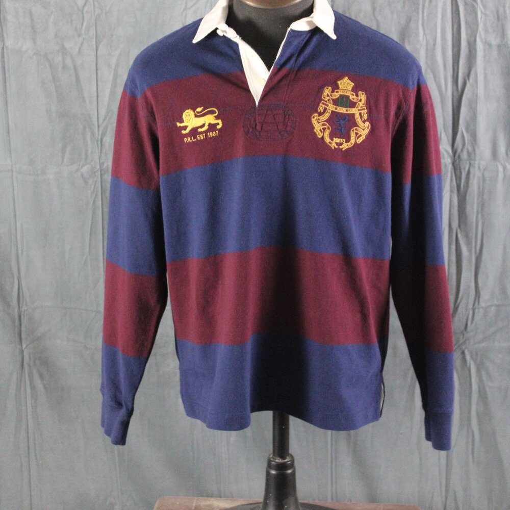 Vintage Polo Rugby Jersey - Blue and Maroon Striped - Men's Medium